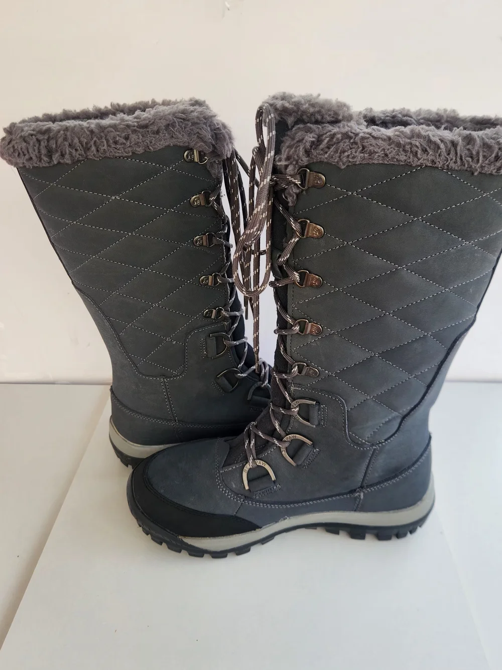 BearPaw Gray Quilted Lace-Up Winter Boots with Faux Fur Collar